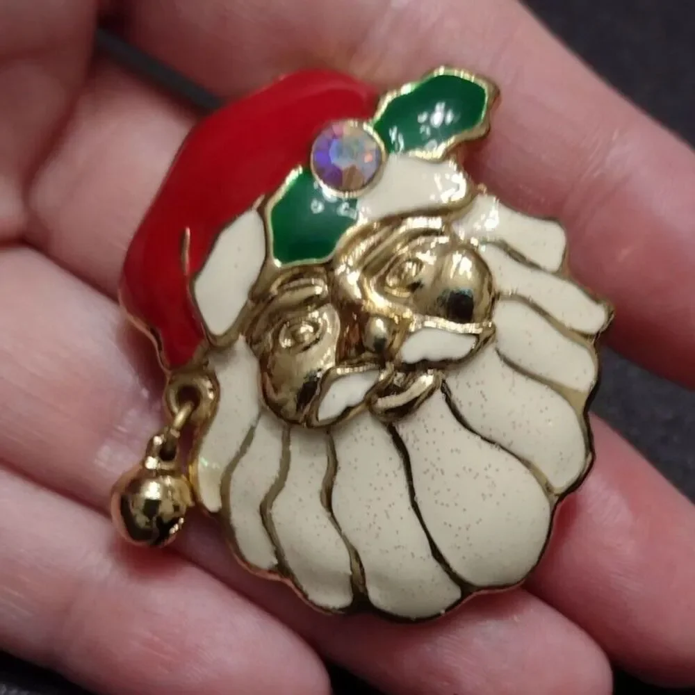 Vintage gold tone Santa brooch red green white rhinestone